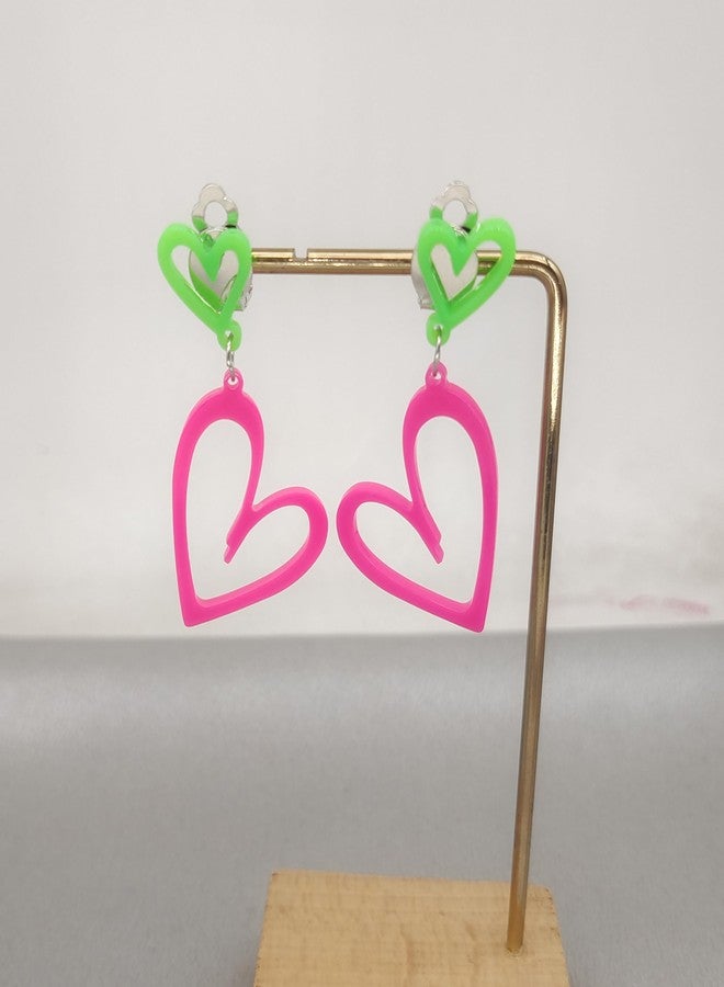 Modpide 80s Neon Clip on Earrings for Women Double Hollow Heart Punk Retro Earrings 80s Outfit Accessories (Rose Red) - Image 3